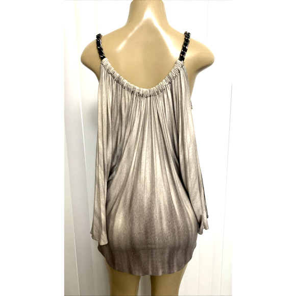 Sky Top Blouse 3/4 Dolman Sleeve Cold Shoulder Gray Chain Neck Geometric M - Picture 2 of 9